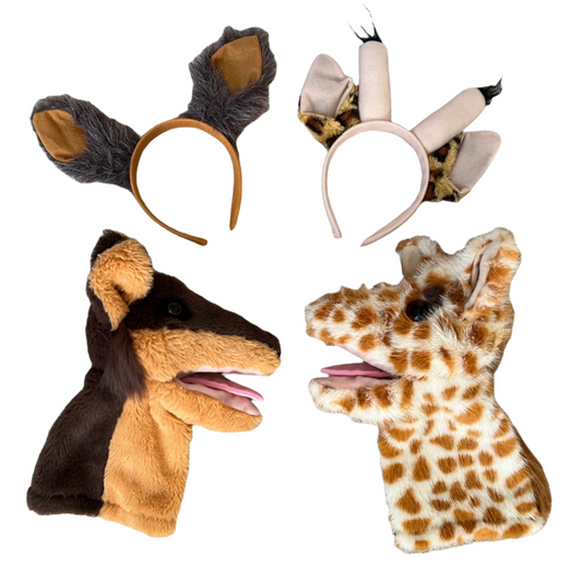 Giraffe & Jackal Puppets & Headbands (set of 4)